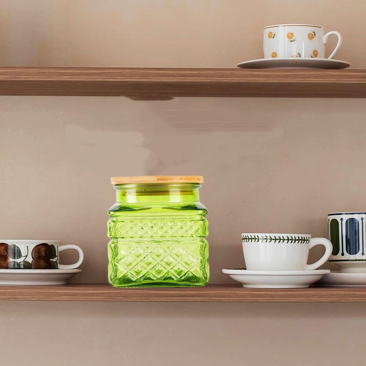 Glass Storage Canister with Airtight Lids, 20.3 oz Candy Jar Cute Jar for Ground Coffee, Tea Bag, Snacks Vintage Decorative Glass Jars for Coffee Bar Kitchen Counter Table