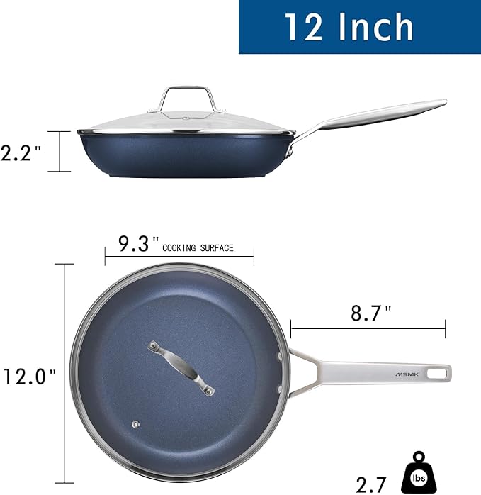 MsMk Non stick frying pan set with lid Blue, 12-inch Durable skillet, Titanium and Diamond Non Stick Non-Toxic Coating From USA, Even Heating, Easy Clean-Up, Comfort Handle, Induction Compatibility