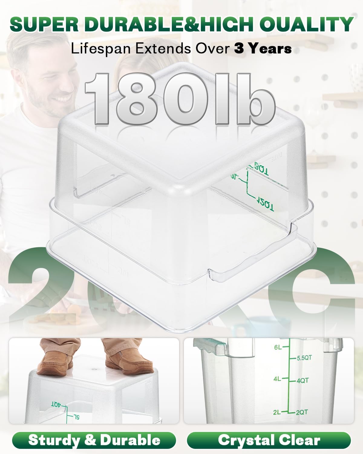 2QT NSF Food Storage Containers: 2 PCS [Food Grade][Hot&Cold Resistant] Commercial Clear Square Food Storage Containers with Scales Handles for Home Restaurant Kitchen Proof Dough(BPA FREE-GREEN)