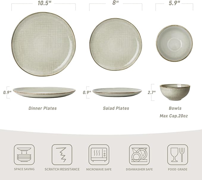 Famiware Moonlight Plates and Bowls Sets, 18 Pieces Stoneware Dinnerware Sets with Linen Finish, Handmade Dishware set for 6, Microwave and Dishwasher Safe, Scratch Resistant Tableware, Summer Sand