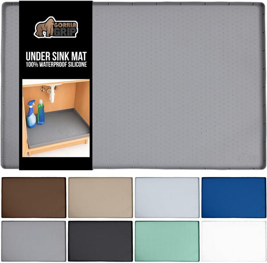 GORILLA GRIP Waterproof Silicone Under Sink Mat with Raised Lip for Kitchen and Bathroom, Cabinet Shelf Liner Stay in Place Mats Dishwasher Safe Drawer Liner, Organizer Tray, 15 x 22 in, Gray