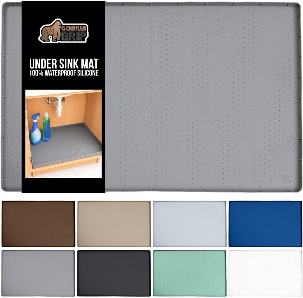 GORILLA GRIP Waterproof Silicone Under Sink Mat with Raised Lip for Kitchen and Bathroom, 46 x 22 in, Cabinet Shelf Liner Stay in Place Mats Dishwasher Safe Drawer Liner, Organizer Tray, Gray