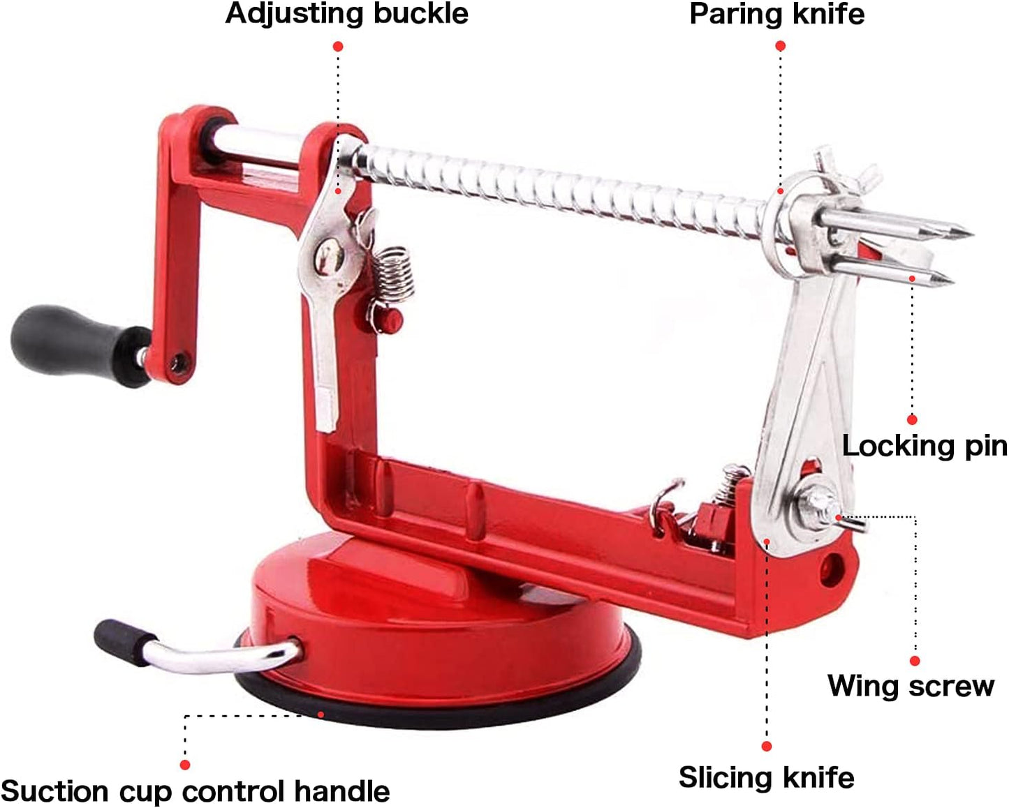 Apple Peeler Corer, Long lasting Chrome Cast Magnesium Alloy Apple Peeler Slicer Corer with Stainless Steel Blades and Powerful Suction Base for Apples and Potatoes(Red)