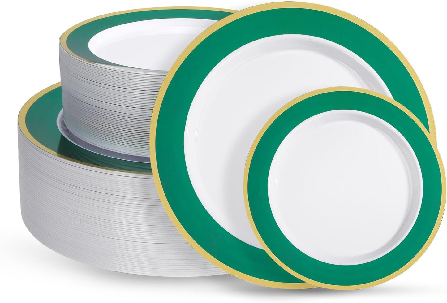 100Pack Plastic Plates Disposable Heavy Duty for Christmas Include 50PCS 10.25inch Dinner and 50PCS 7.5inch Dessert Plastic Plates for Party Wedding Birthday New Year,Green