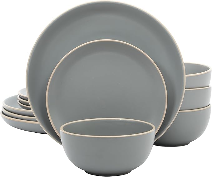 Gibson Home Rockaway 12-Piece Stoneware Dinnerware Set, Matte Finish, Service for 4, Modern Ceramic Plates and Bowls, Microwave & Dishwasher Safe – Soft Gray - Service for 4