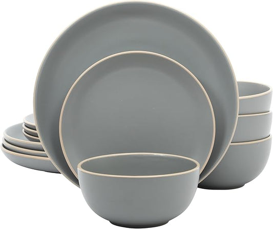 Gibson Home Rockaway 12-Piece Stoneware Dinnerware Set, Matte Finish, Service for 4, Modern Ceramic Plates and Bowls, Microwave & Dishwasher Safe – Soft Gray - Service for 4