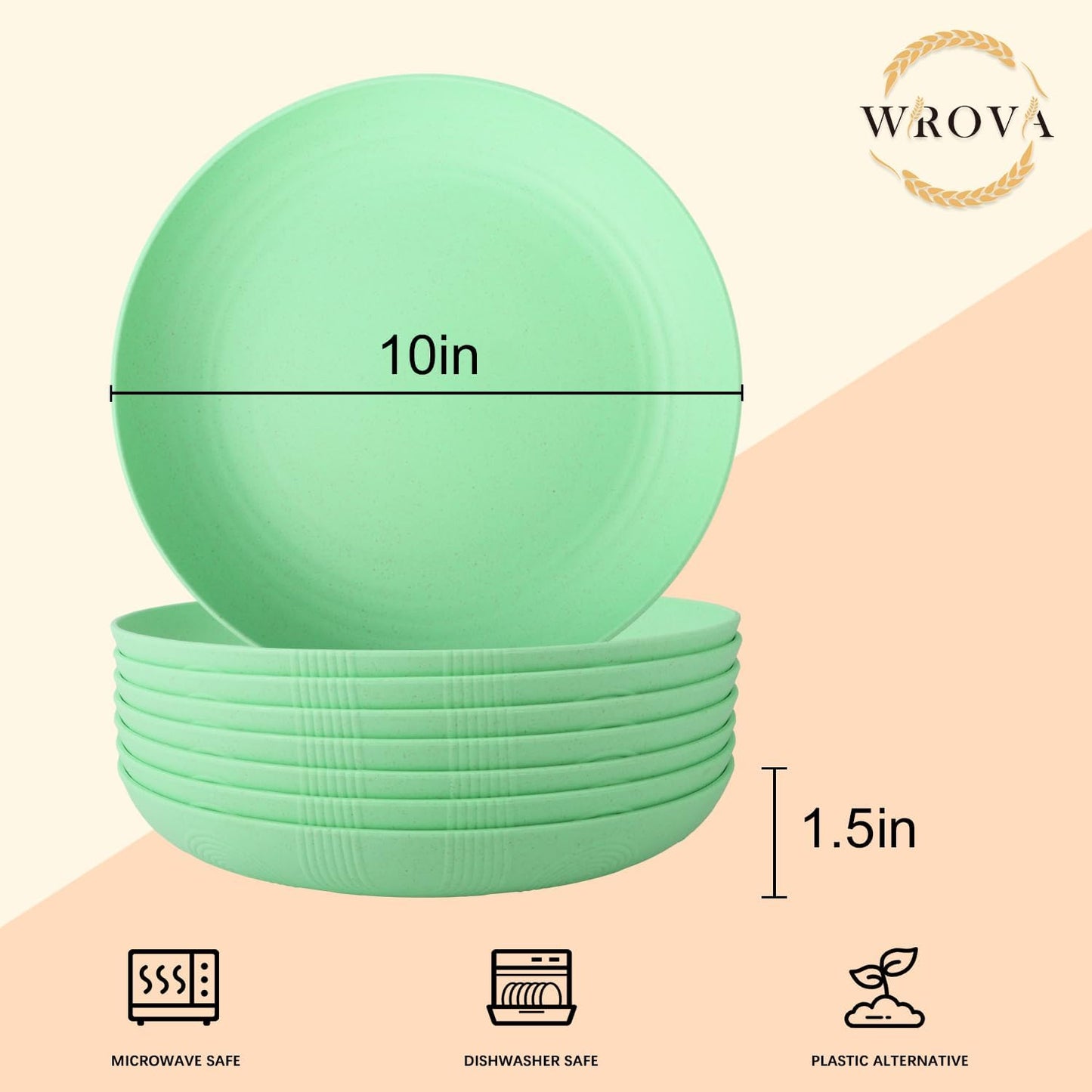 Wrova Wheat Straw Plates - 10 Inch Unbreakable Dinner Plates Set of 8 - Dishwasher & Microwave Safe Plastic Plates Reusable for Kitchen and Camping (Light Green)