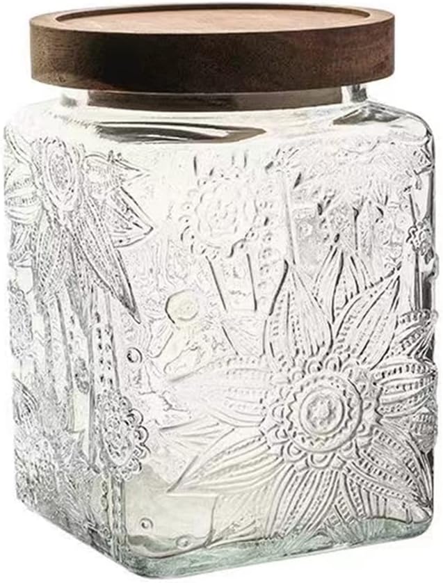 ANSQU Square Glass Jar with Lid – 25.4 oz Vintage Style Glass Food Storage Container for Kitchen Pantry, Candy, Sugar, Coffee, Cookies, Clear Kitchen Jar for Organization & Decor (Square Sunflower)