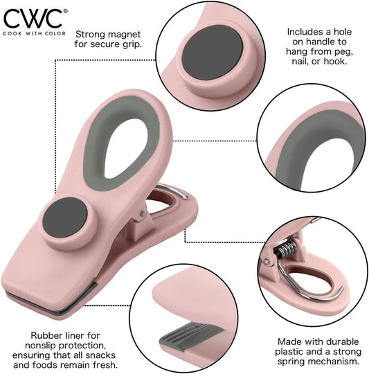 COOK WITH COLOR Bag Clips - Heavy Duty Chip Clip and Refrigerator Magnet Clips for Food Storage with Air Tight Seal Grip, Pink and Grey, Pack of 8