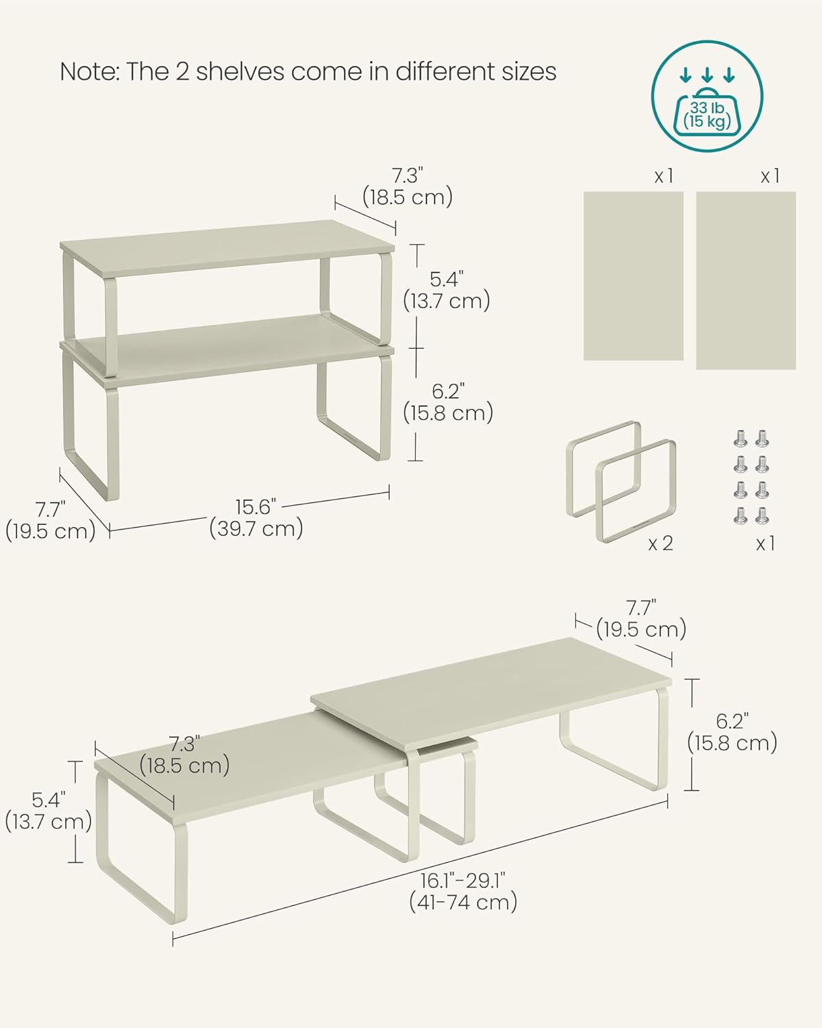 SONGMICS Cabinet Organizer Shelf, Set of 2 Kitchen Counter Shelves, Kitchen Storage, Spice Rack, Stackable, Expandable, Metal and Engineered Wood, Cappuccino Beige UKCS200K01