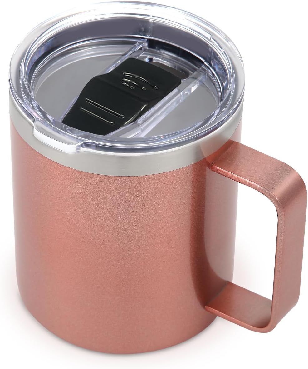 Volhoply 14oz Insulated Stainless Steel Coffee Mug with Leakproof Lid,Double Wall Vacuum Travel Coffee Cup with Handle,Reusable Metal Cups Tumbler, Camping Mugs Keep Hot,Ideal Gifts(Rose Gold,1)