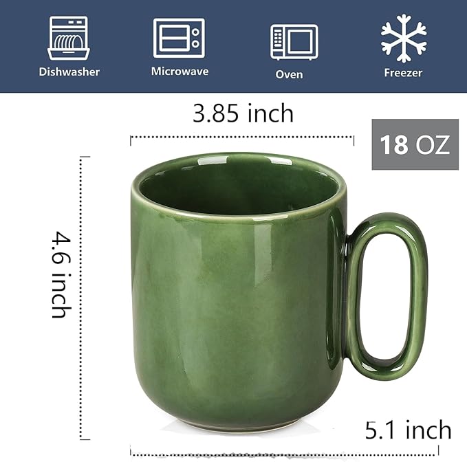 vicrays Ceramic Coffee Mug Set - 18 Ounce Large Stoneware Mug for Men Women - Unique Glazed Porcelain Mugs with Handle for Coffee Latte Tea Milk Cocoa - Set of 4 (Green)