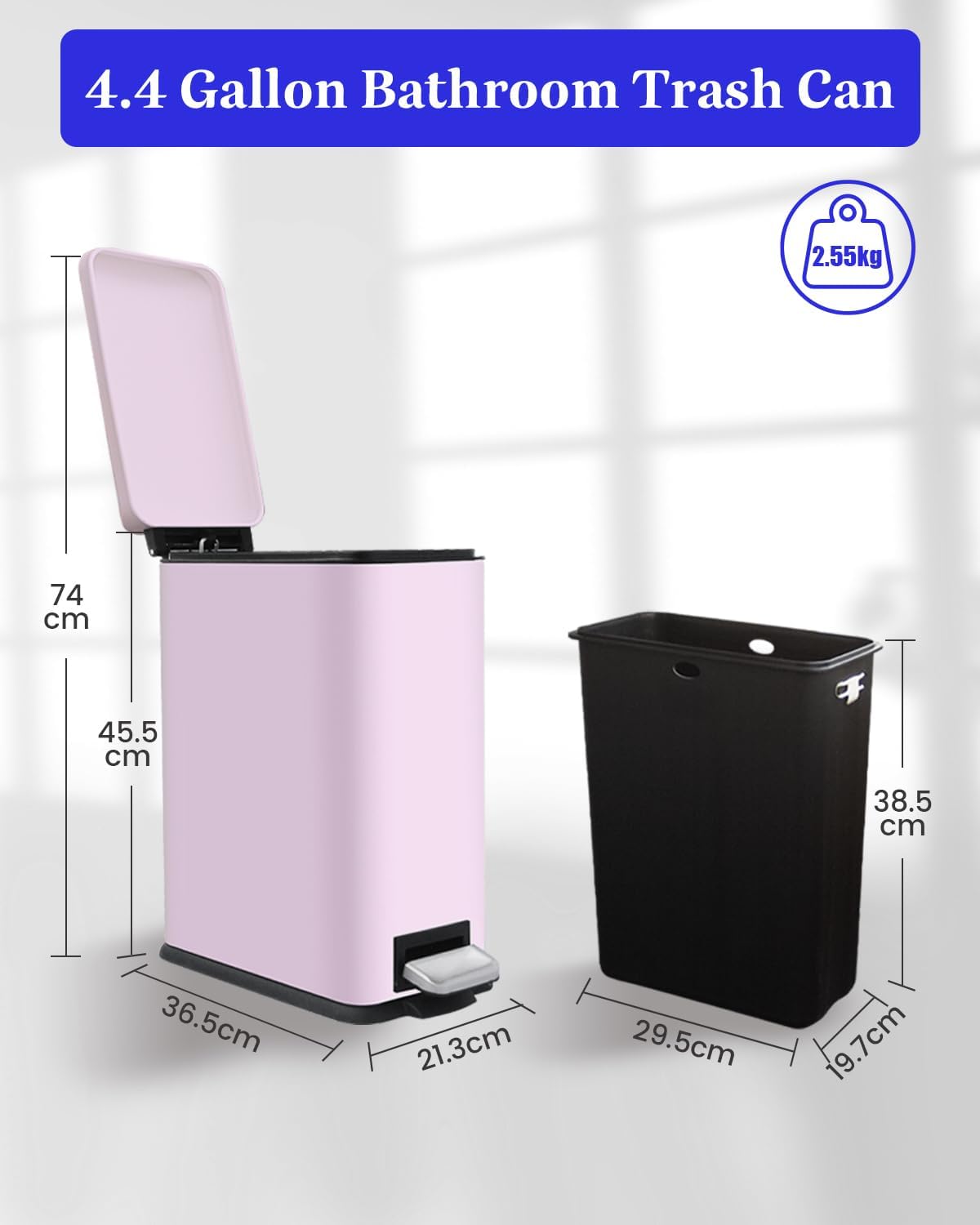Bathroom Trash Can with Lid, 16.7L/ 4.4 Gallon Trash Can with Removable Inner Bucket, Soft Close lid, Stainless Steel Step Pedal Garbage Can for Bathroom, Kitchen, Home Office, Pink