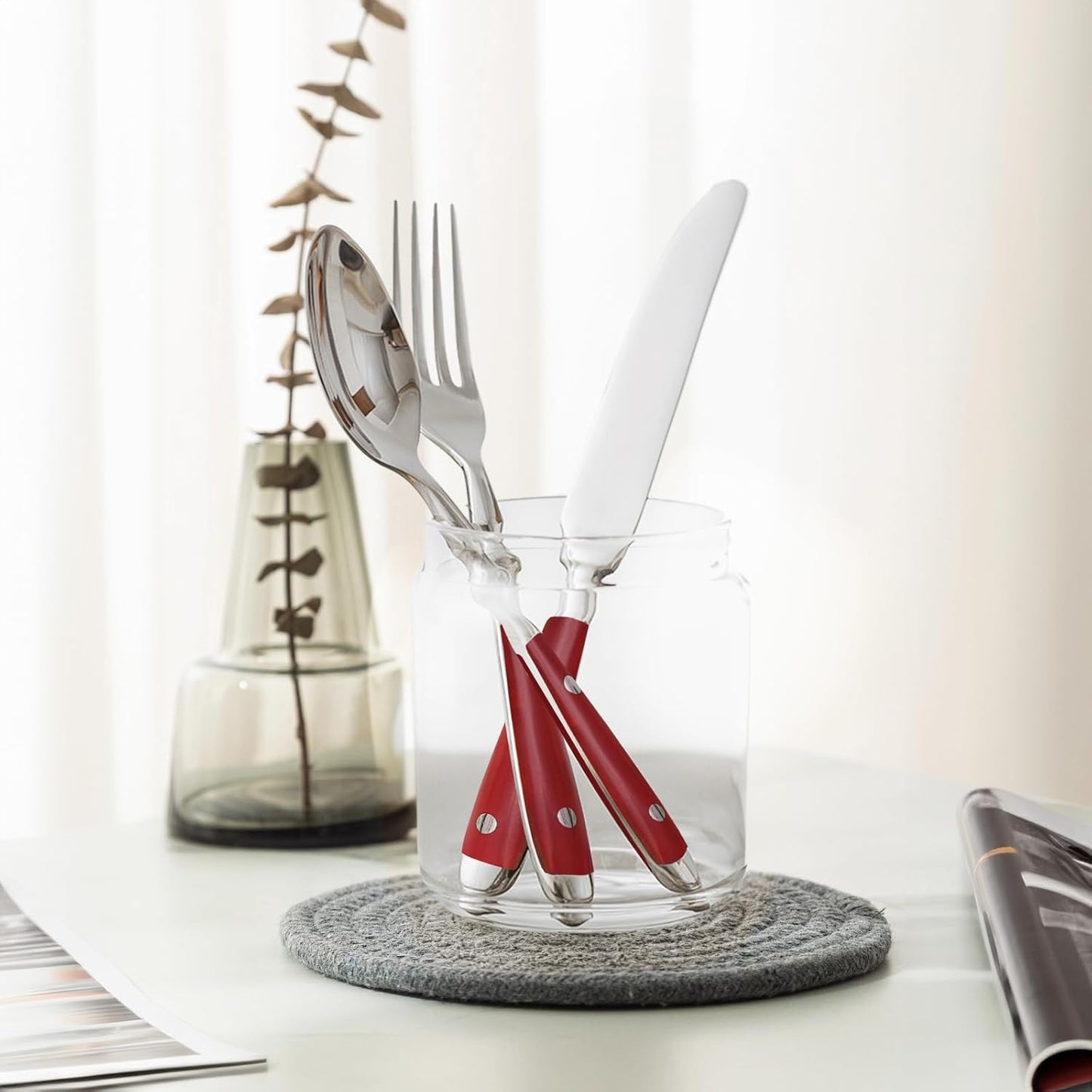 Retro 20-Piece Silverware Set, 304 Riveted Stainless Steel Flatware Set, Vintage Cutlerywith Red Bakelite Handle, Dishwasher Safe| Service for 4