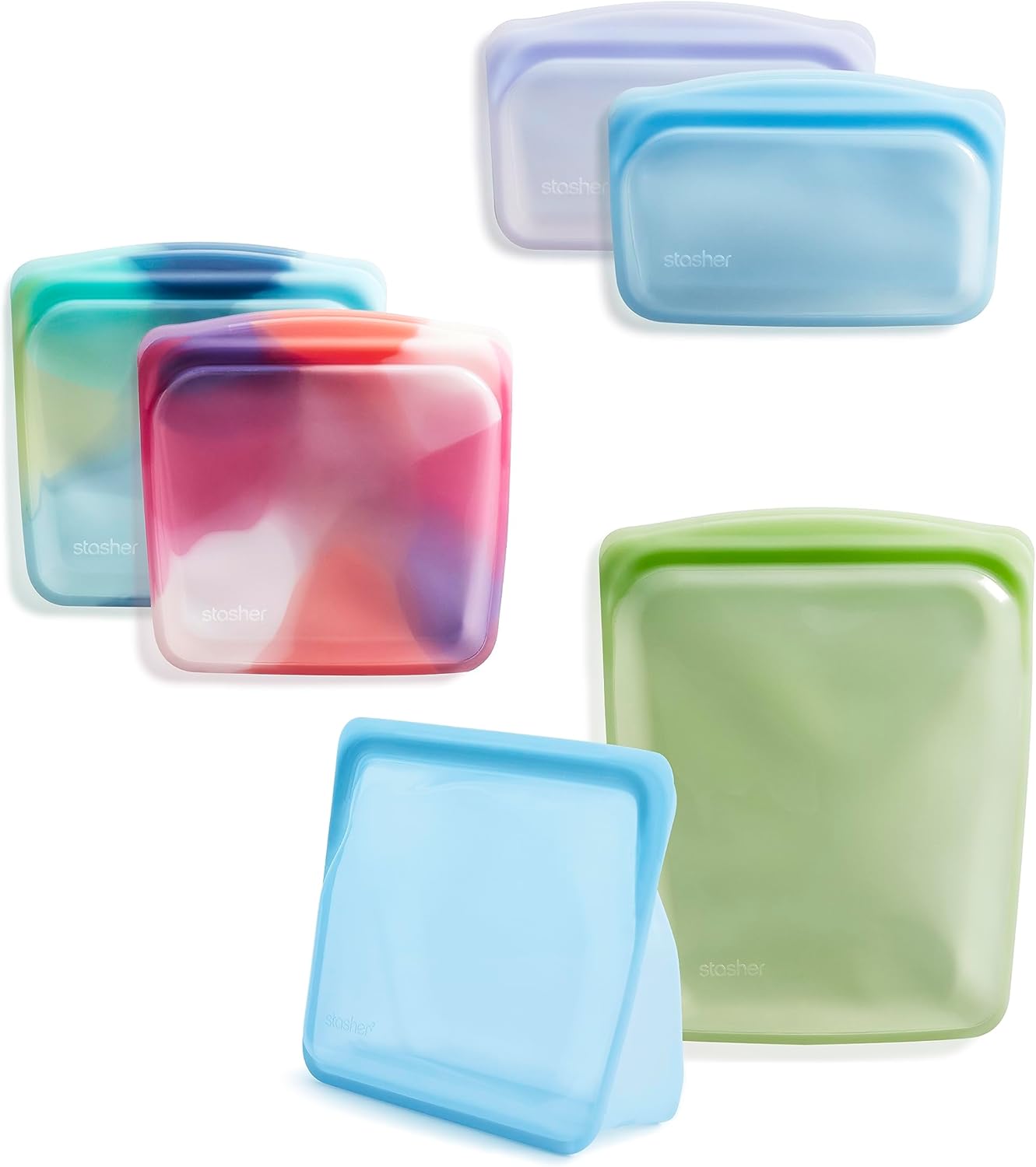 Stasher Premium Silicone Reusable Food Storage Bags, 6-Pack, Tie Dye Multi, Multi-Use Food Storage Bags, Lunch Bag, Travel Containers, BPA Free, Leak-free, Dishwasher-Safe, Eco-friendly