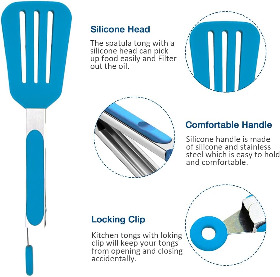 Small Serving Tongs Set of 3, Mini Tongs (7 inch) with Silicone Tips and Stainless Steel Handle, Great for Steaks, Salads, Vegetables(Blue)