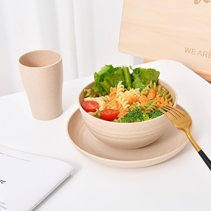 24 - Piece Wheat Straw Dinnerware Set - Plates and Bowls for 6, Unbreakable, Dishwasher & Microwave Safe, Reusable, Lightweight Tableware, Ideal for Camping and Everyday Use (Beige)