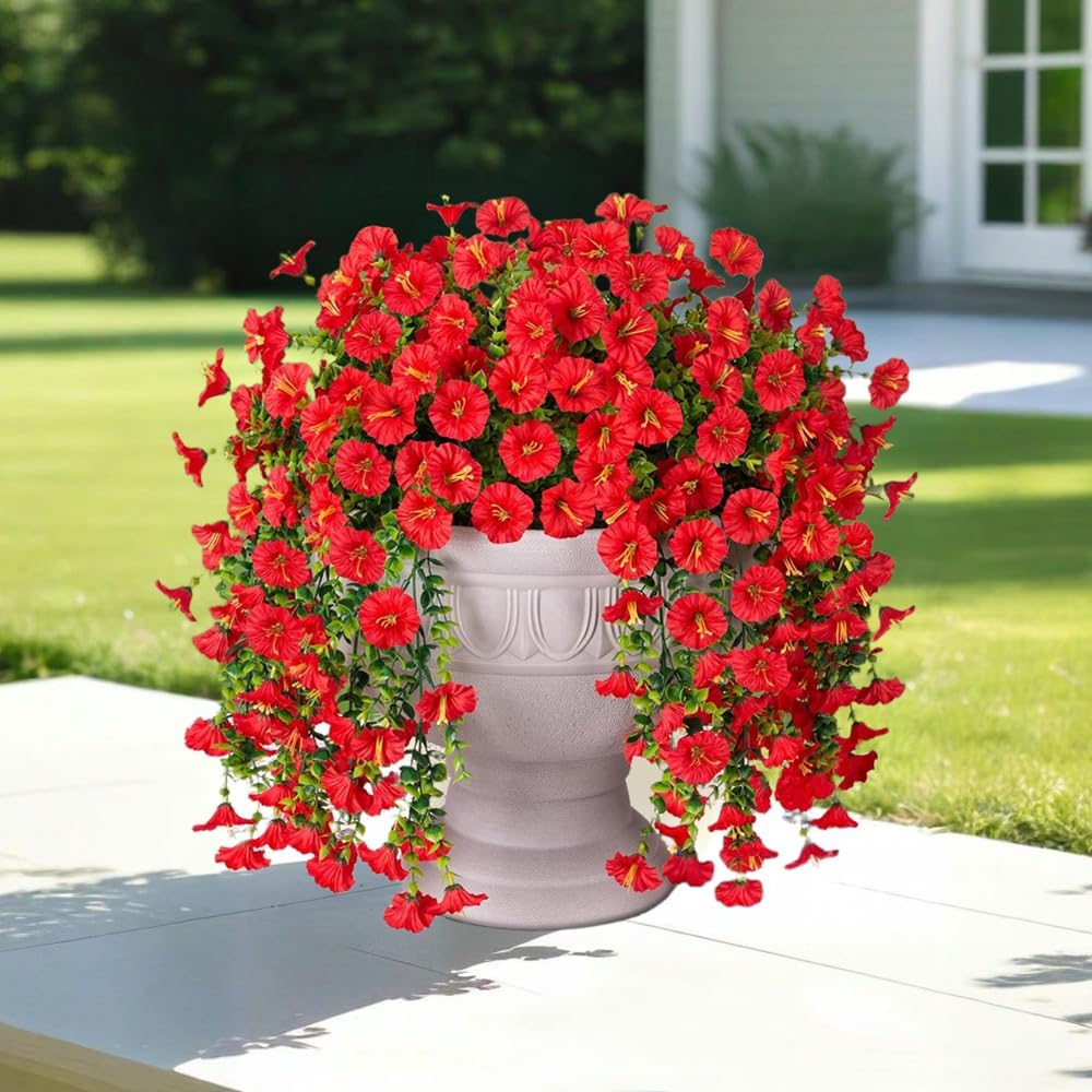 Jasion 4 Bundles Artificial Hanging Flowers Outdoor Realistic Morning Glory Silk Fake Plants UV Resistant for Porch Balcony Fence Decor (Red)