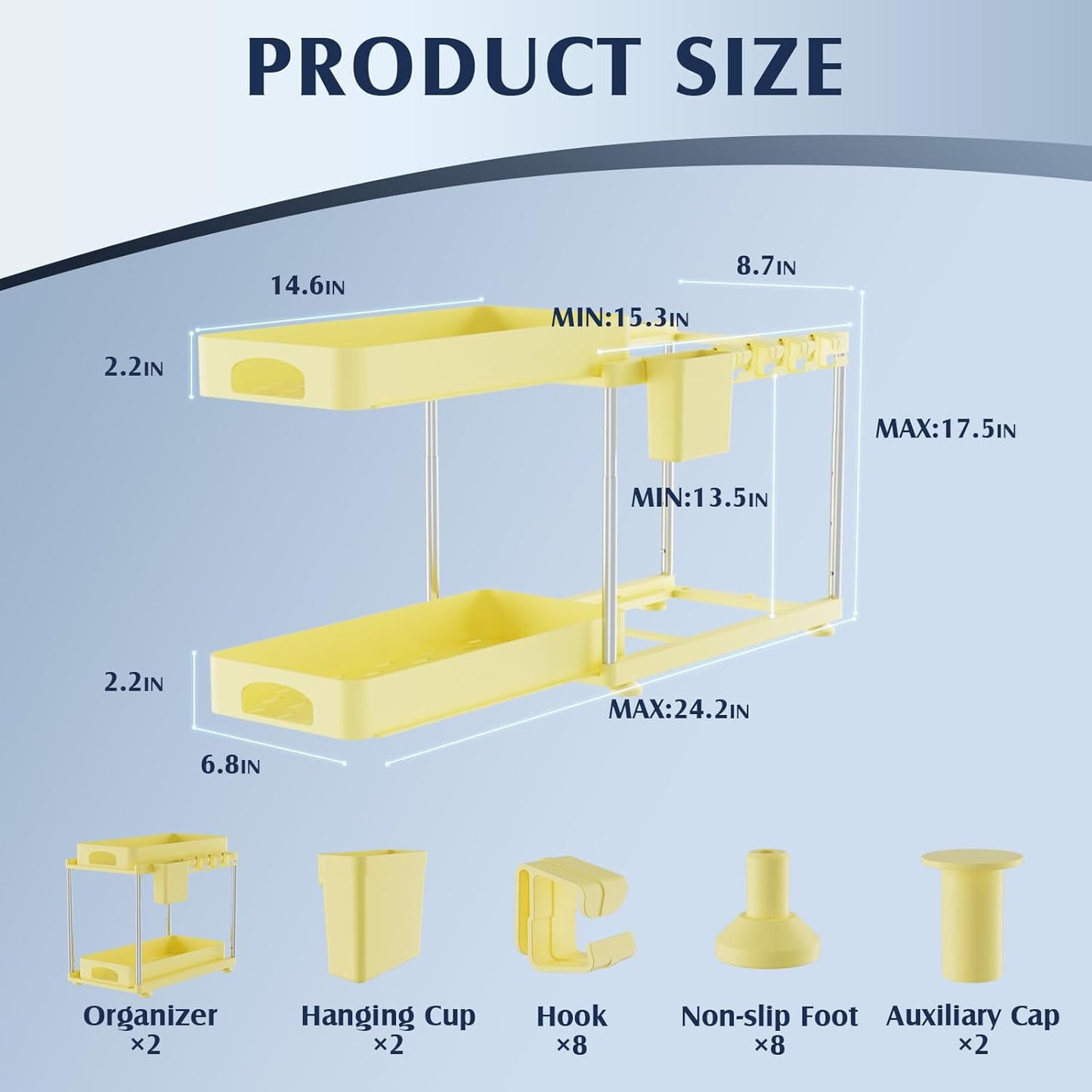 2 Pack Under Sink Organizers and Storage, Height Adjustable Bathroom Cabinet Organizer, 2 Tier Under Sink Organizer with Hooks, Under Cabinet Organizer for Kitchen Bathroom (Yellow