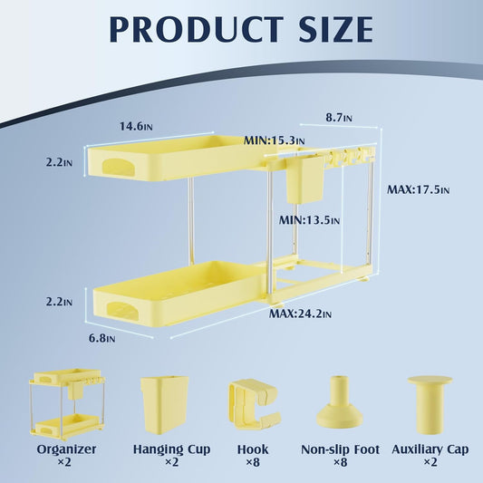 2 Pack Under Sink Organizers and Storage, Height Adjustable Bathroom Cabinet Organizer, 2 Tier Under Sink Organizer with Hooks, Under Cabinet Organizer for Kitchen Bathroom (Yellow