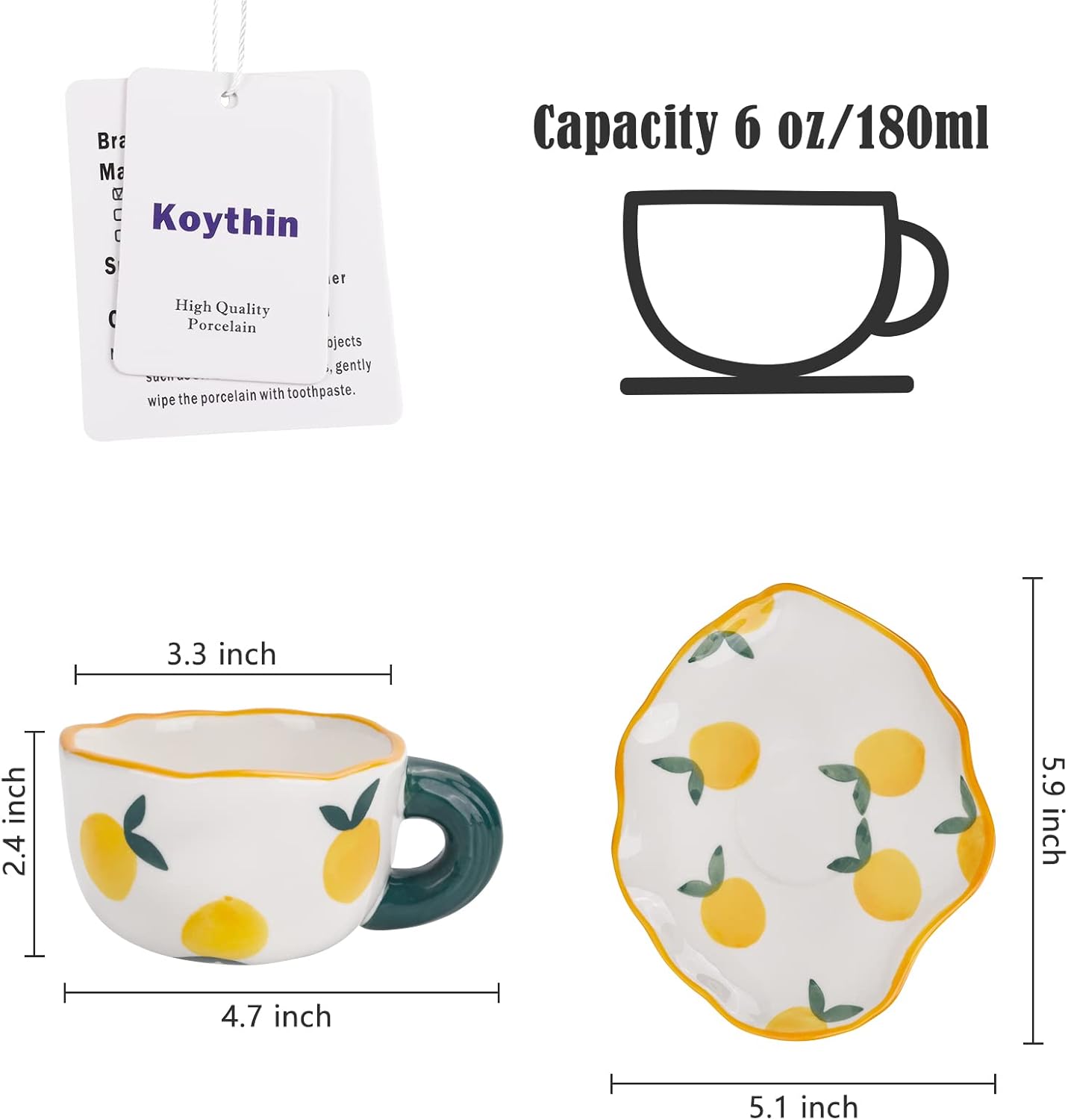Koythin Ceramic Coffee Mug with Saucer Set, Cute Creative Cup Unique Irregular Saucer Design for Office and Home, Dishwasher and Microwave Safe, 6 oz/180 ml for Latte Tea Milk (Fresh Orange)