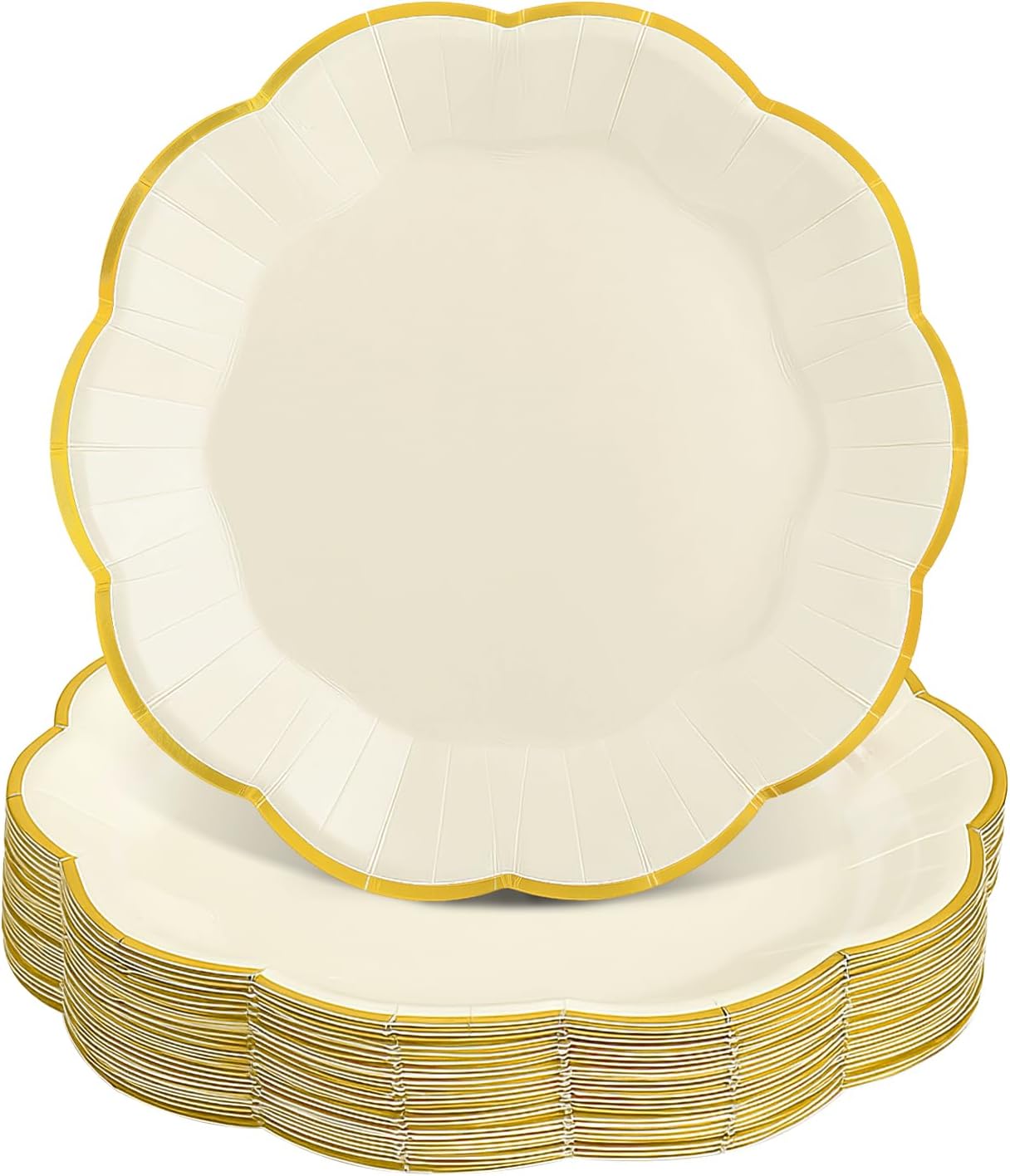 30 Pcs Thanksgiving Paper Plates, 7 Inch Ivory Paper Plate with Gold Trim Cute Beige Disposable Scalloped Plates for Friendsgiving, Baby Shower, Wedding