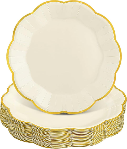 30 Pcs Thanksgiving Paper Plates, 7 Inch Ivory Paper Plate with Gold Trim Cute Beige Disposable Scalloped Plates for Friendsgiving, Baby Shower, Wedding