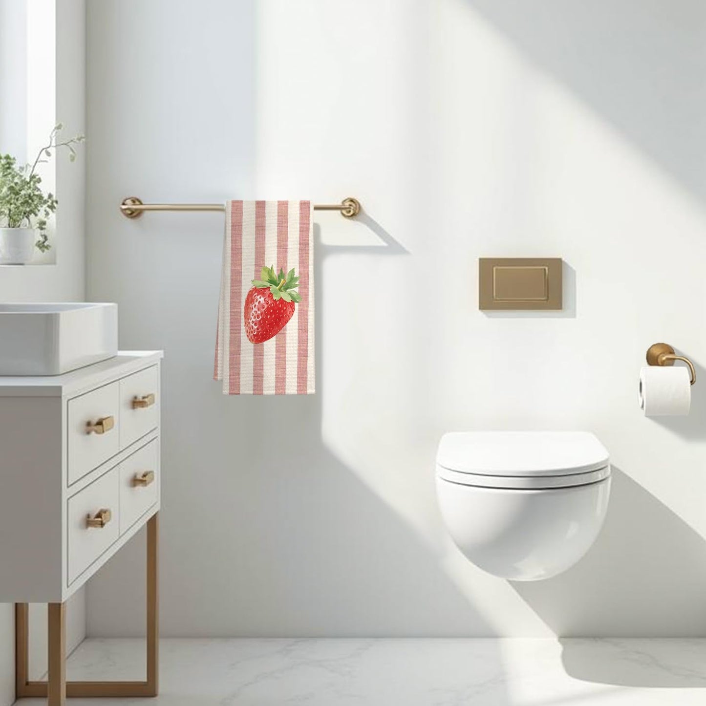 Strawberry Kitchen Towels, Pink and White Striped Summer Strawberry Dish Tea Towels for Kitchen Decor, Fruit Lover Gifts Decorative Hand Towel for Bathroom, 16x24 Inch