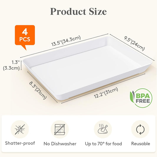 Lifewit Plastic Serving Tray for Party Supplies, White Trays for Serving Food, Reusable Large Platter for Buffet, Fruit, Dessert, Snack, Veggie, Kitchen and Outdoor Use, Rectangle, 14" x 10", 4 Pcs