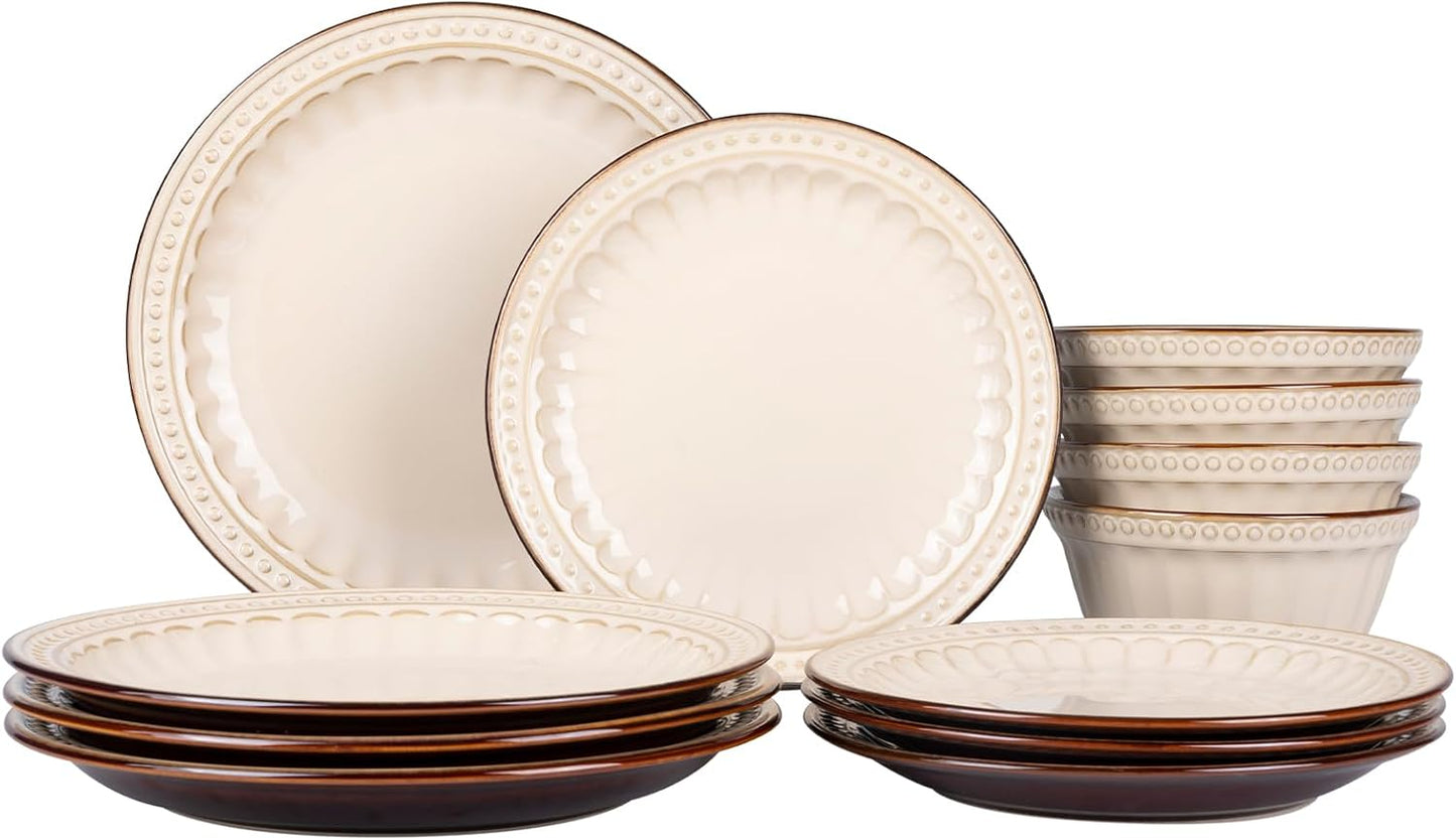 Dinnerware Set Cream White 12 Pieces Service for 4, Stoneware Plates and Bowls Set Stoneware Set, Dishwasher Microwave Safe Dishes set