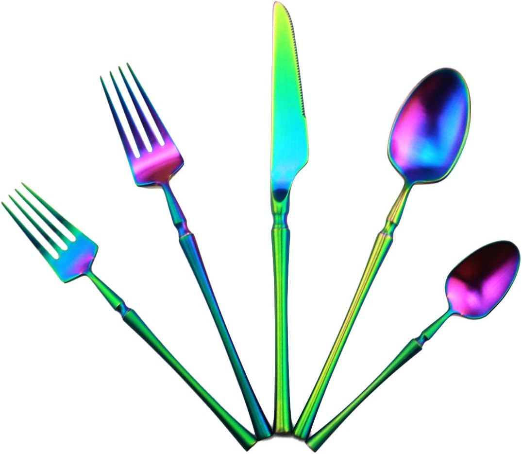 Gugrida Unique & Beautiful Flatware Set - 5 Piece Iridescent Silverware Sets | 18/10 Stainless Steel Reusable Cutlery Set | Rainbow Utensils Service For 1 with Dessert Fork, Knife, Spoon, Dinner Fork