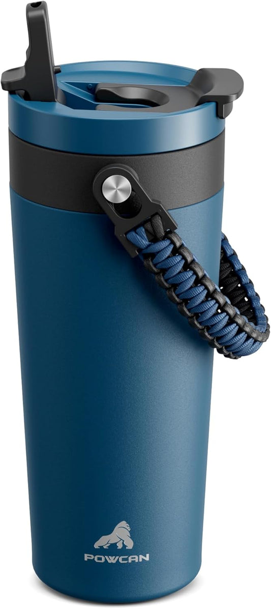 24 oz Insulated Coffee Mug for Travel: 2-in-1 Straw Flip Lid, Keep Cold 24H, Fit in Car Cupholder, Leakproof, Stainless Steel Coffee Tumbler with Handle for Outdoor, Office, Gifts and Sports (Deepsea)