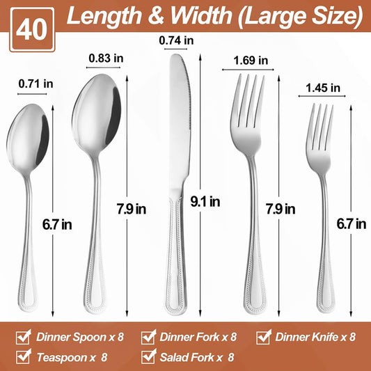 40 Pcs Silverware Set for 8 with Pearled Edge Handle design, Food Grade Stainless Steel Flatware Set, Eating Utensils Sets Include Fork/Knife/Spoon, Reusable Cutlery Set, Dishwasher Safe