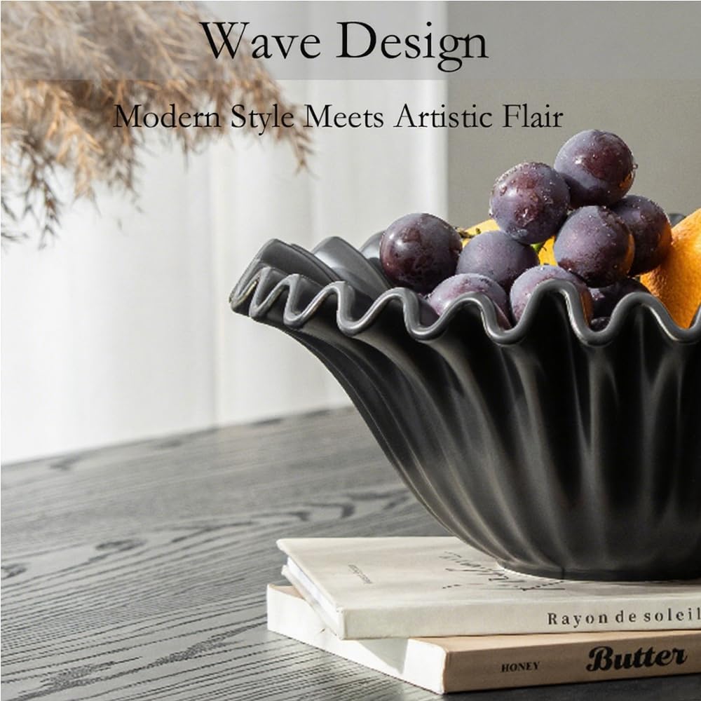 Large Decorative Bowl, Porcelain Fruit Bowl for Kitchen Counter HandCrafted Ruffle Flower Bowl for Home Decor Stylish Fluted Dish for Party, Black (10 inch) Halloween