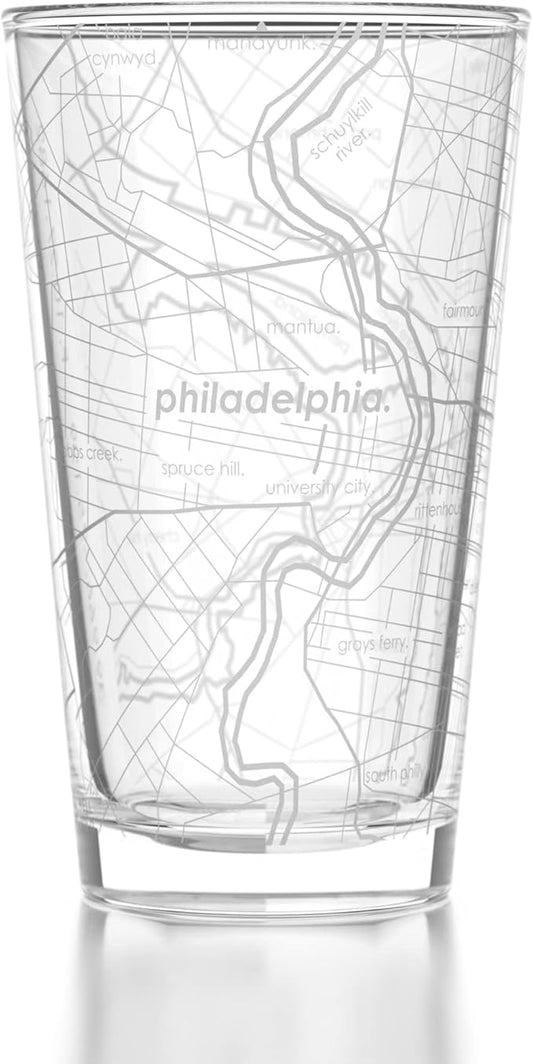 Well Told Engraved Philadelphia Pennsylvania Map Pint Glass, Etched Beer Gift (16 oz, Clear) City Map Pint, Custom City Glassware, Gifts For Beer Lovers