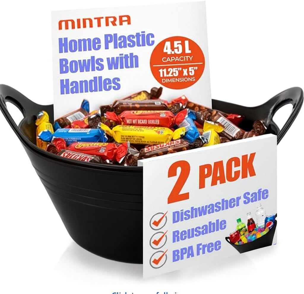 Mintra Home Plastic Bowls with Handles (4.5L Large 2pk, Black) - 11.25W x 5inH (6.75inH with handles) - large bowl for popcorn, snacks, drinks, candy, party, Halloween, trick or treat bowls - 2 Pack