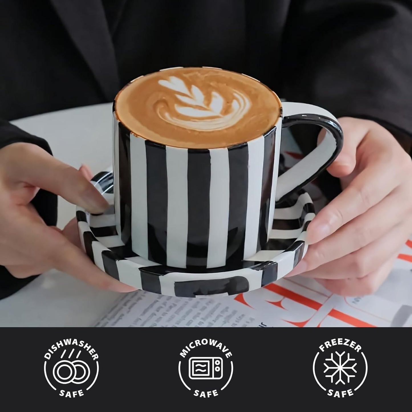 Tea Cup and Saucer, Ceramic 8 oz coffee mug, Dishwasher Safe and Microwave Safe, Black and White