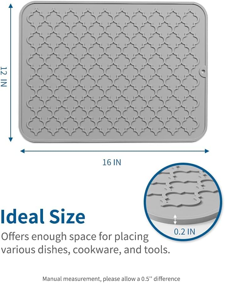 AMOAMI Dish Drying Mat,Heat-resistant,Easy Clean,Silicone Dish Drying Mats for kitchen Counter,Kitchen Gadgets Kitchen Accessories Kitchen Small Appliances (12" x 16", GREY)