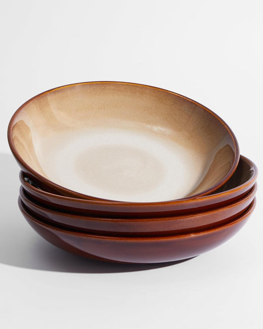 Ceramic 32 Oz Pasta Bowls, 8.75 Inch Reactive Glaze Pasta Bowl Set of 4, Microwave & Dishwasher Safe, Large Wide Serving Bowls for Salad, Dessert, Soup, Fruit, Brown and Yellow