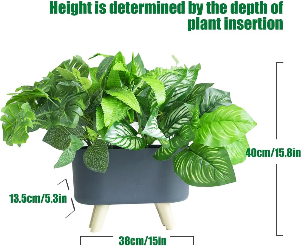 Artificial Green Grass Plants in Rectangular Planter Boxes, Faux Greenery in Decorative Crate Style for Office Table Wedding Kitchen Windowsill Shelf Decor