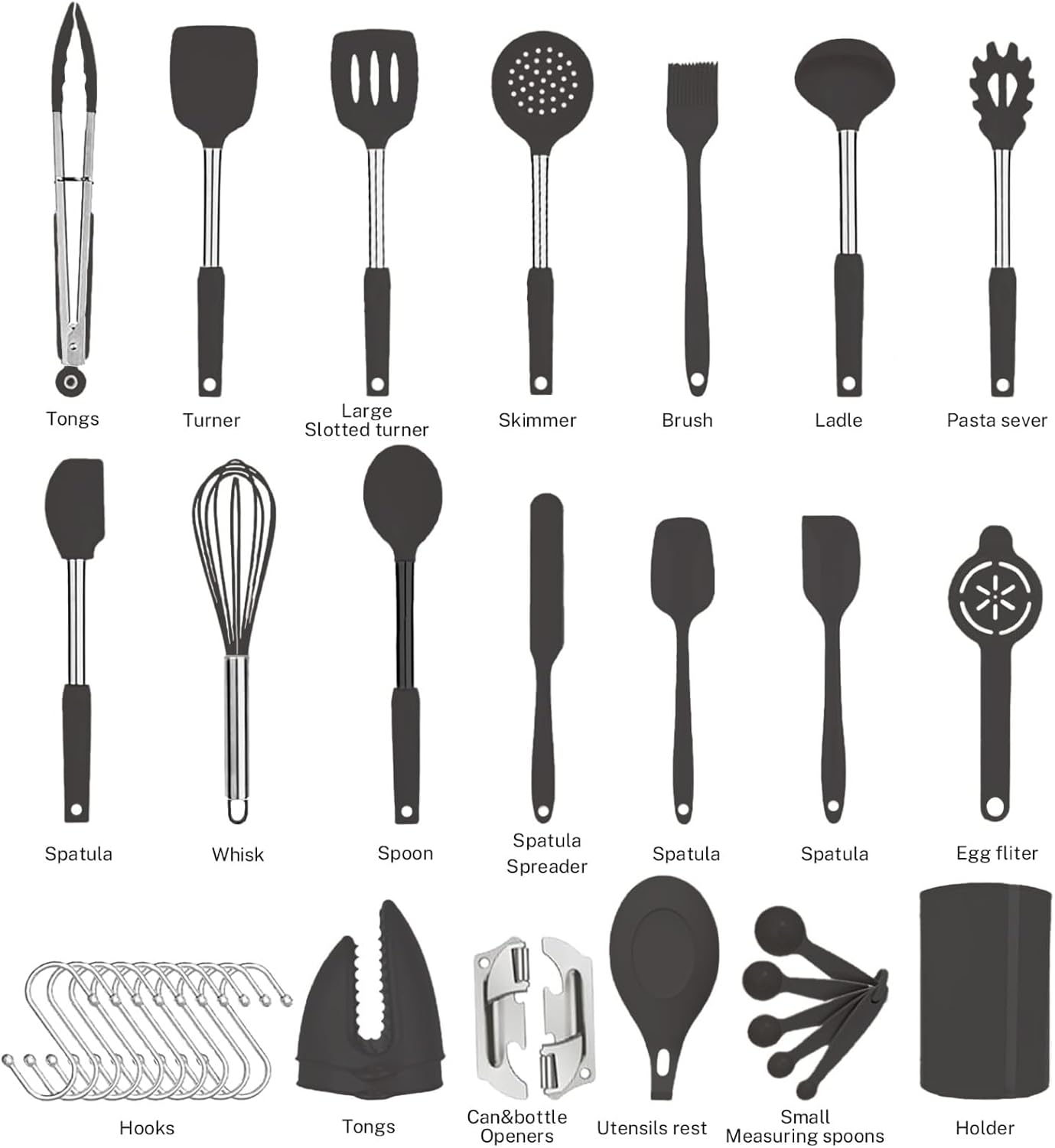 Silicone Kitchen Cooking Utensils Set with Stainless Steel Handle, Spatula Set Utensil Set, Cooking Utensil Set,Kitchen Tools Gadgets for Nonstick Cookware (35, Black)