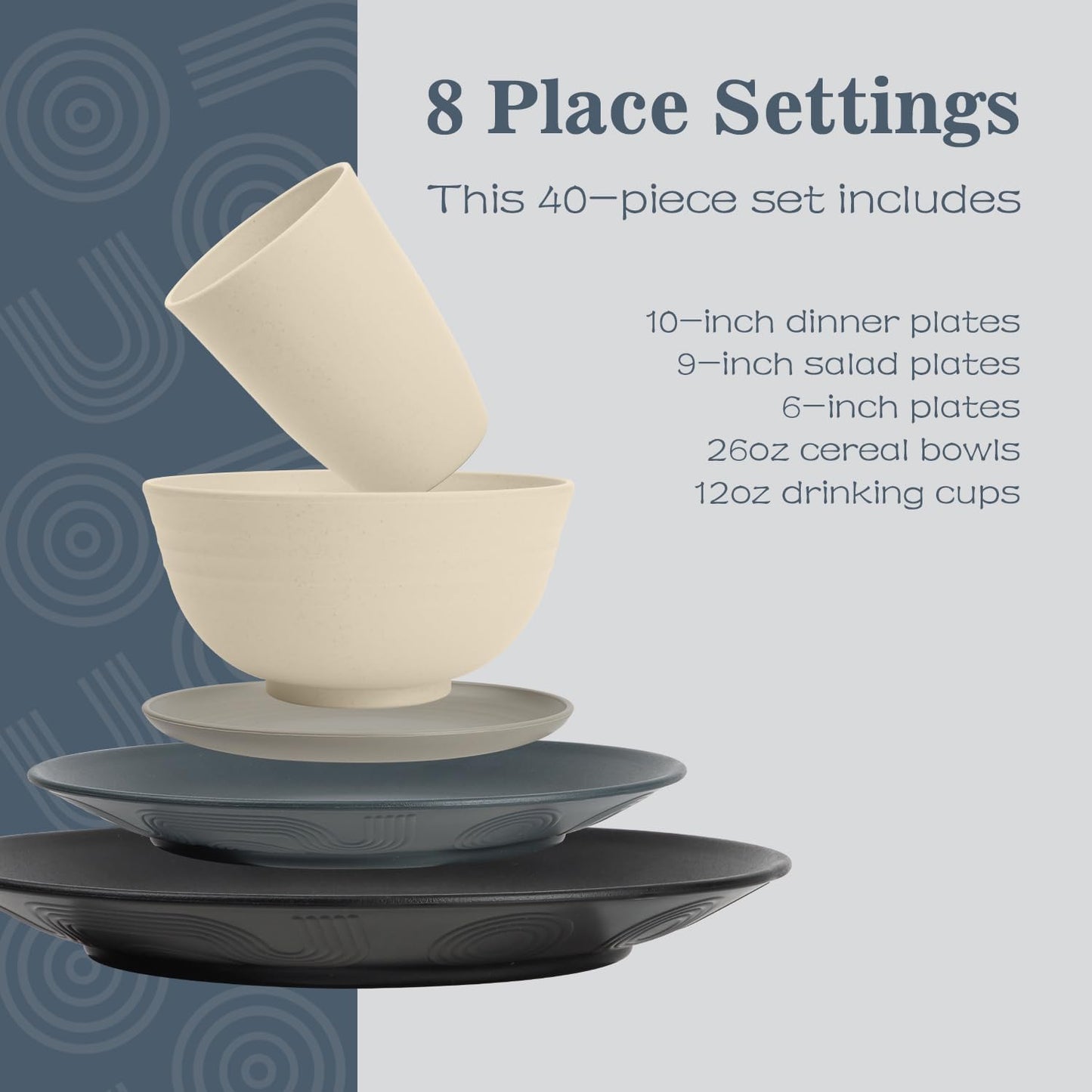 40 PCS Wheat Straw Dinnerware Set | Unbreakable Dishes Set for 8 - Alternative to Plastic Plates and Bowls Sets, Cereal Bowl, Water Cups, Dishwasher & Microwave Safe Bowls for Kitchen - Dark