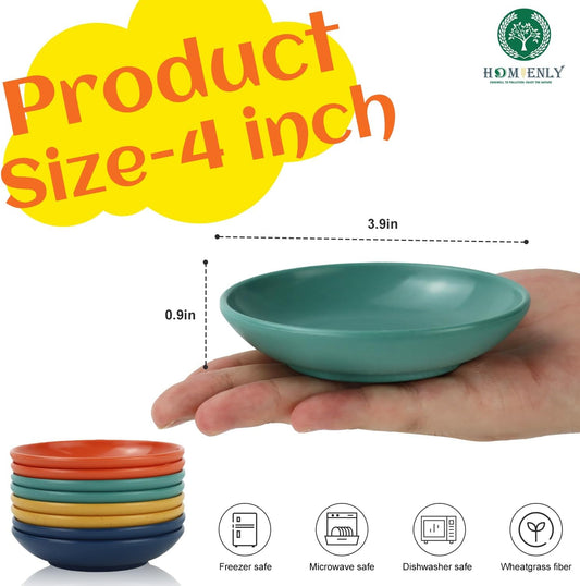 Homienly Plastic Dipping Plates Set of 8-4 inch Wheat Straw Plates Soy Sauce Dish & Bowl, Small Dipping Sauce Bowls, Mini Appetizer Plates for Side Dishes, Condiment,BBQ and Party Dinner - MultiColor