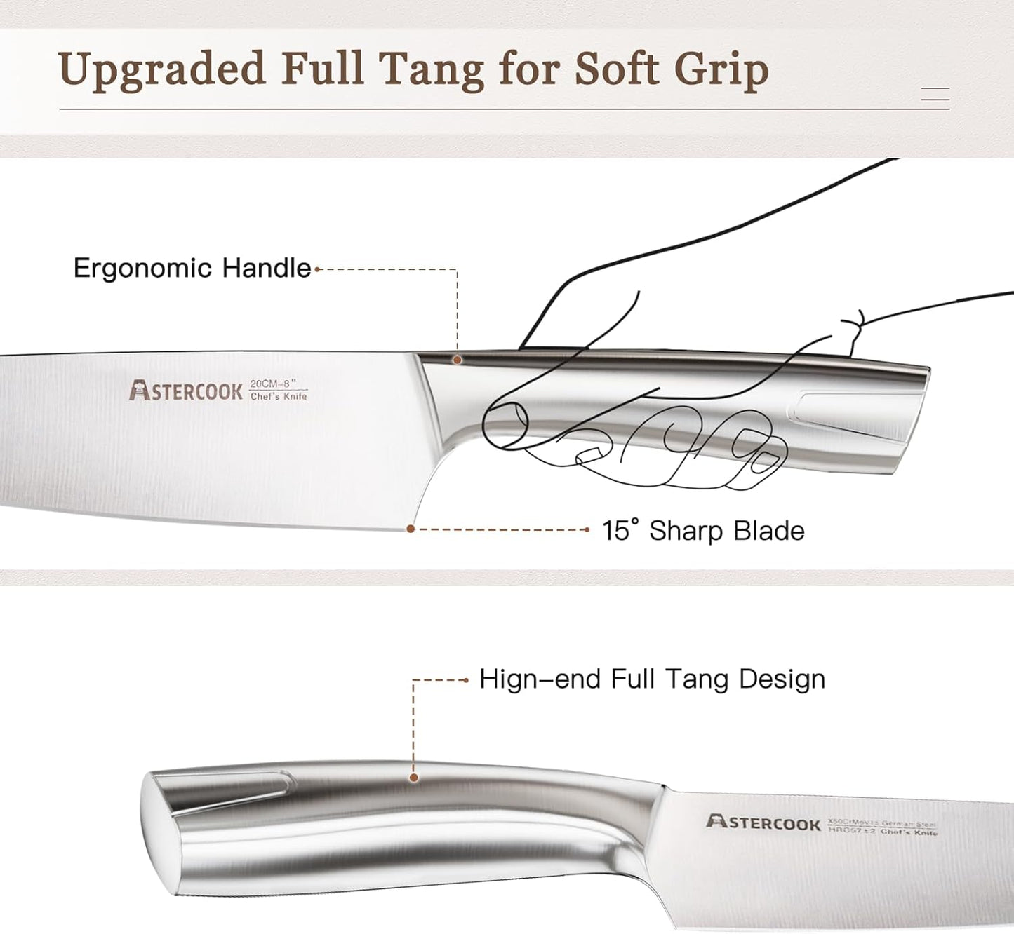 Astercook Knife Set, Kitchen Knives Set with Block and Sharpener Full Tang 15 Pcs Premium Stainless Steel Knives Ultra Sharp Blade Dishwasher Safe Knife Set with Anti-slip Ergonomic Handle, Walnut