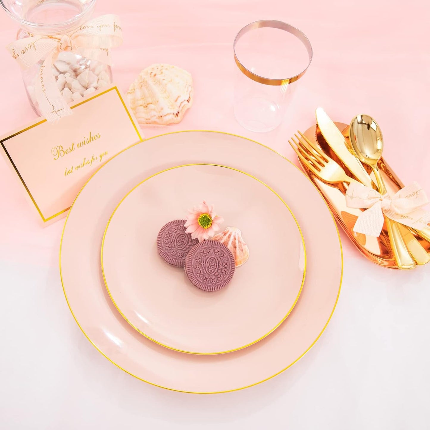 LIYH 180 Pcs Pink Plastic Plates - Disposable Dinnerware Set, Pink Dinner Plate Dessert Plate,Gold Plastic Silverware Cups for Weddings,Birthday Party 30 Guests