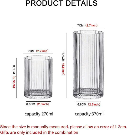 INSETLAN Glass Cups Vintage Glassware Set of 4 Large, Origami Style Transparent Cocktail Glasses Set, Bar Beverages Ice Coffee Cup Juice Ripple Drinkware, 370ml (L)