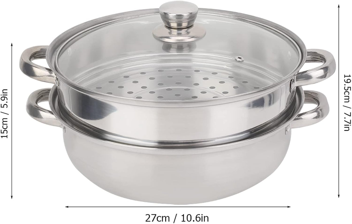 2 Layer Steamer,Stainless Steel Cookware 27cm 11in 2 Layer Steamer Pot Cooker Double Boiler Soup Steaming Pot for Steaming Buns Taro Seafood Etc