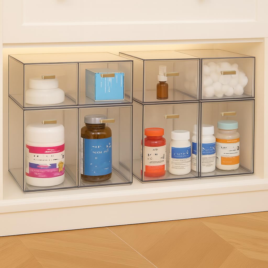 4 Pack Stackable Clear Acrylic Storage Drawers with Golden Handles, Plastic Drawer Organizers for Makeup, Kitchen, Bathroom, Office, Under Sink & Cabinet Organization(6.7"D x 10.6"W x 12"H)