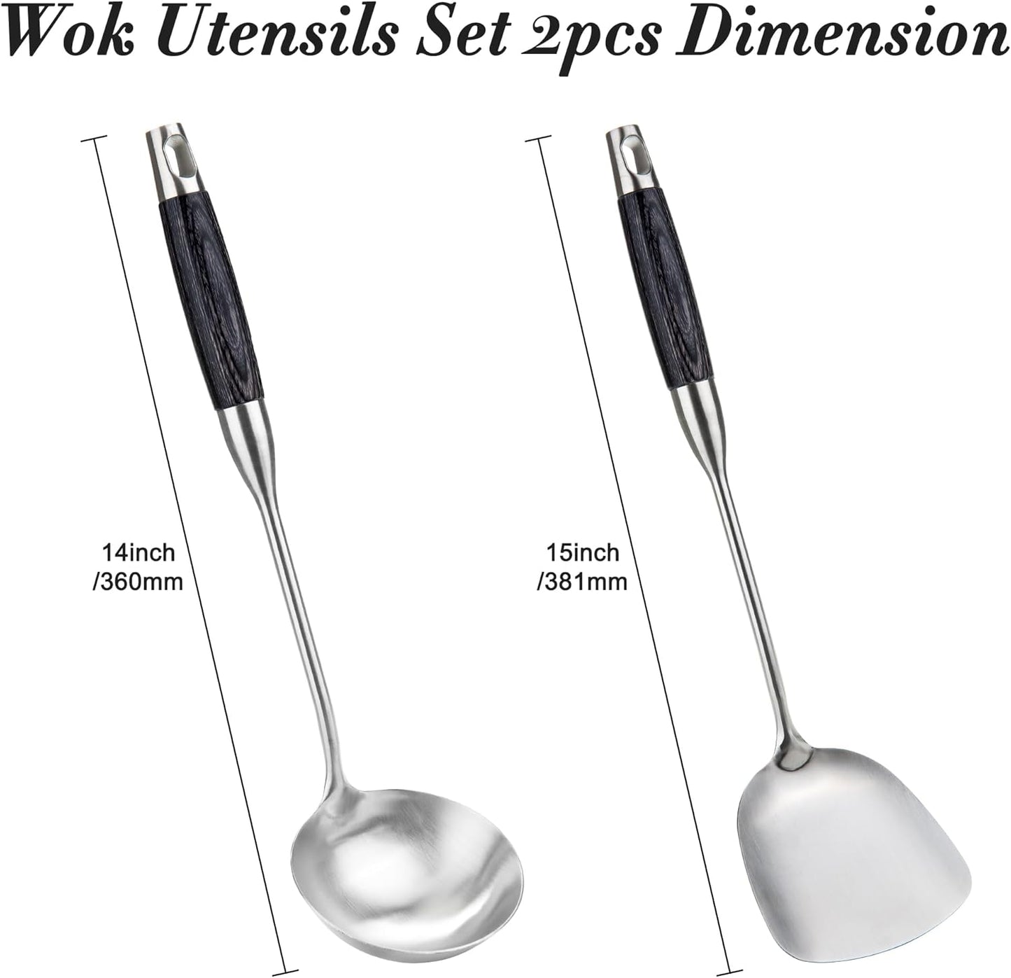 FJNATINH Wok Spatula and Ladle, Heat-Resistant Wok Tools with Wooden Handle Stainless Steel Wok Spatulas Cooking Utensils Set Wok Accessories,2 PCS