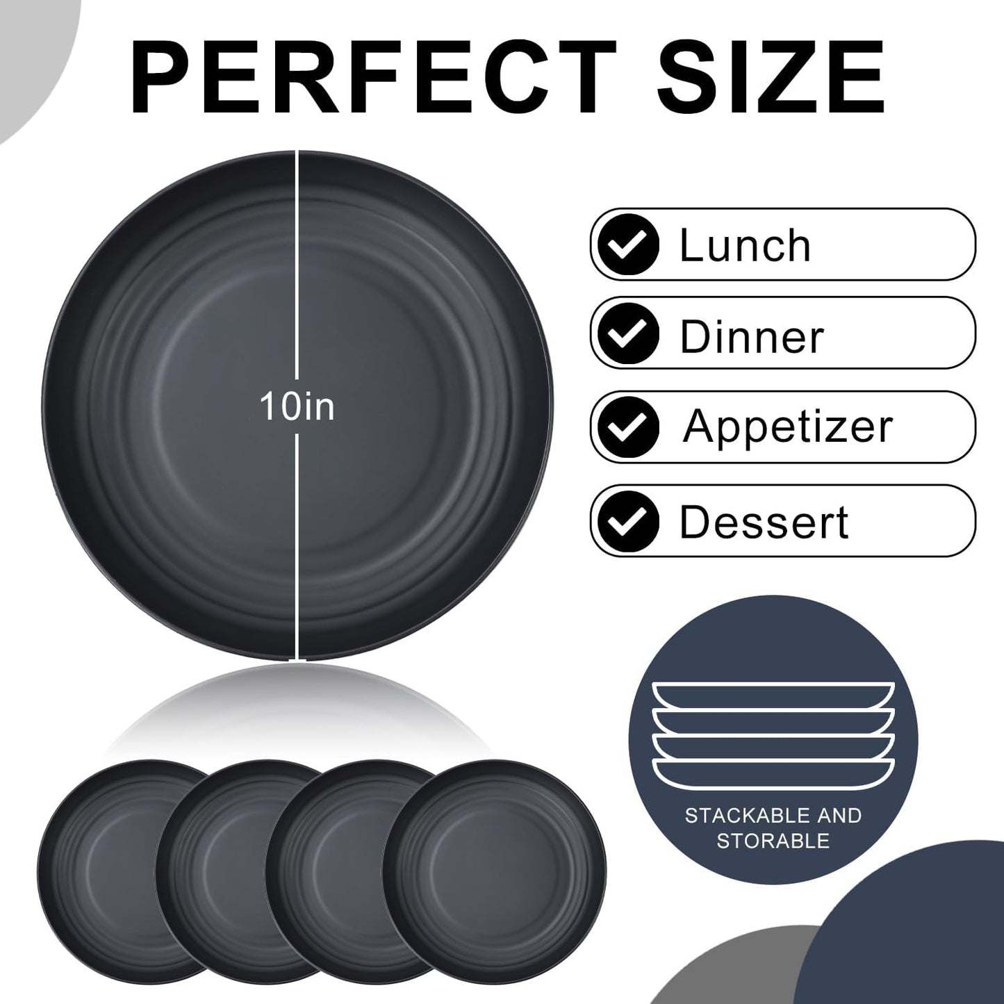 Wheat Straw Dinner Plates Set of 8, 10 Inch Black, Lightweight & Unbreakable, Microwave & Dishwasher Safe Kids Plates